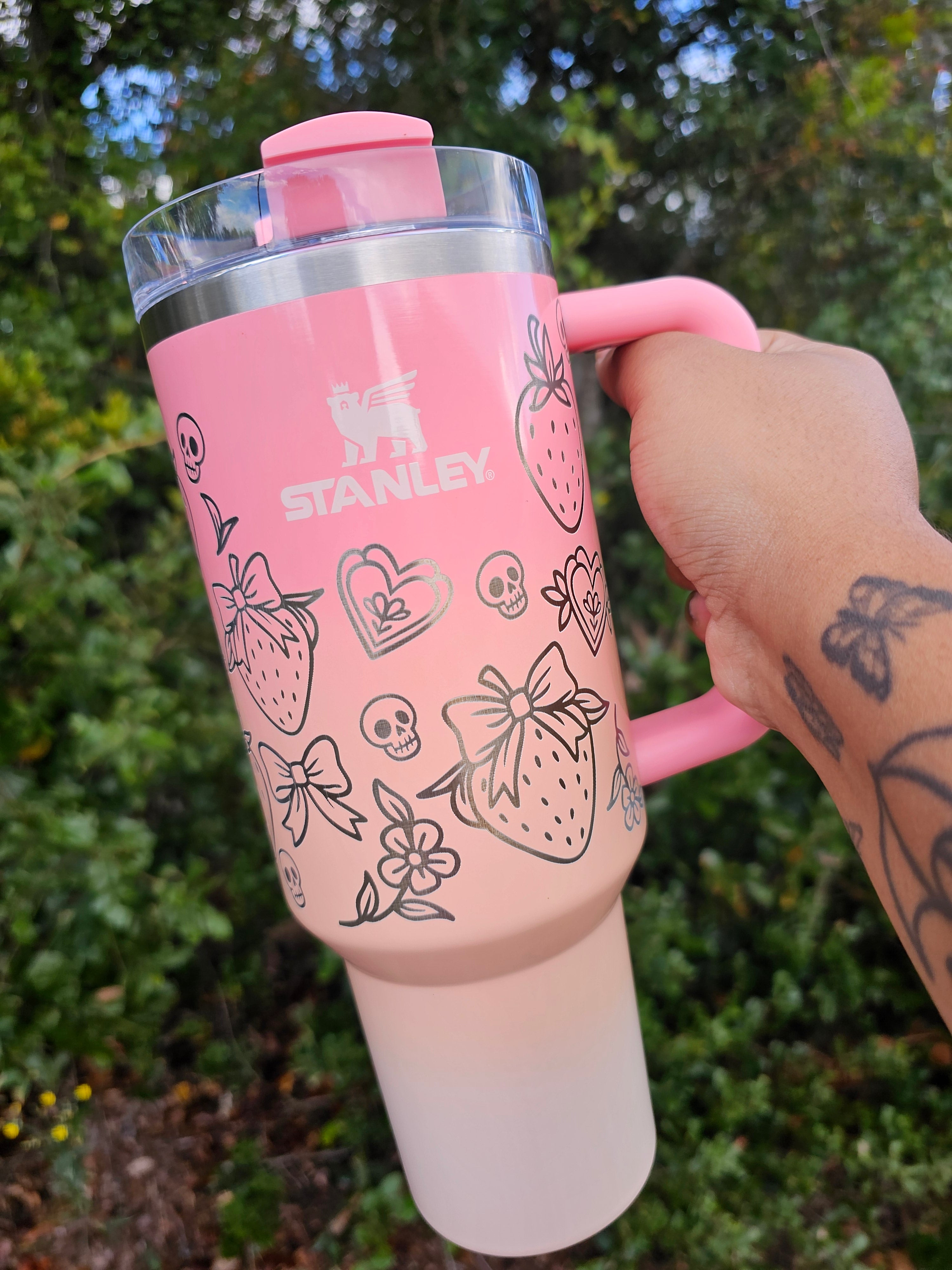 Strawberry and Skulls Laser Engraved Stanley Tumbler