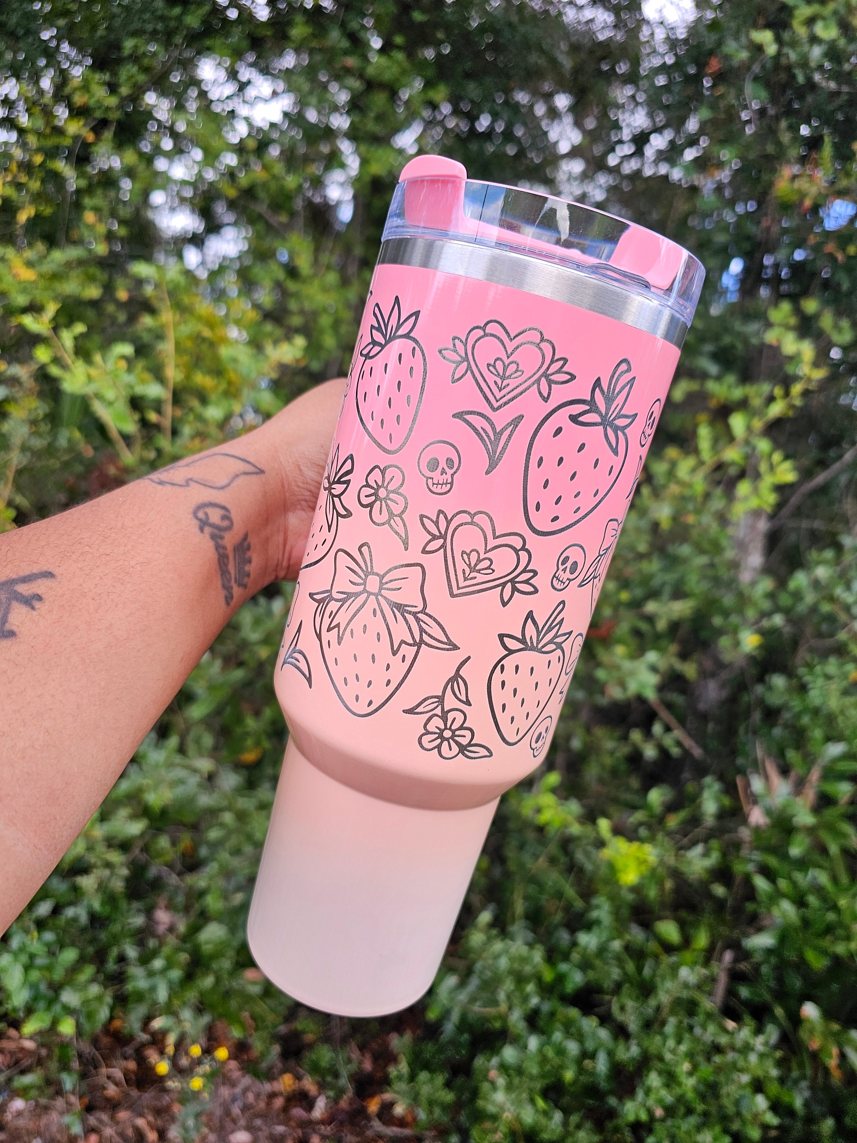 Strawberry and Skulls Laser Engraved Stanley Tumbler